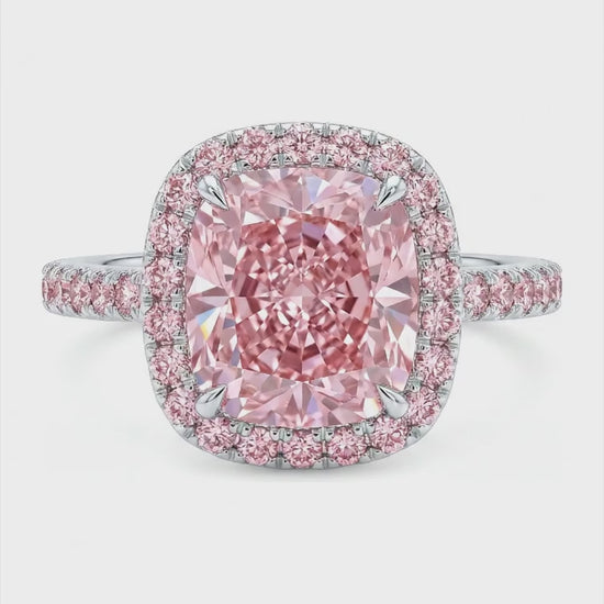 6 Carat Cushion Pink Lab Grown Diamond and White Diamond Halo Ring 14K White Gold