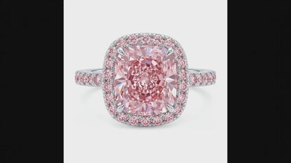 6 Carat Cushion Pink Lab Grown Diamond and White Diamond Halo Ring 14K White Gold