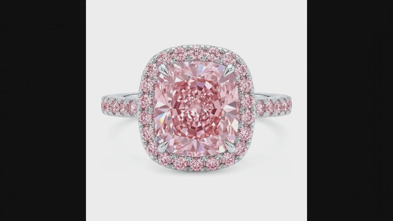 6 Carat Cushion Pink Lab Grown Diamond and White Diamond Halo Ring 14K White Gold