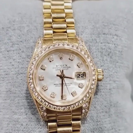 Rolex Datejust Year 2003 White Mother Of Pearl Diamond Dial 26 mm Yellow Gold Ladies Watch