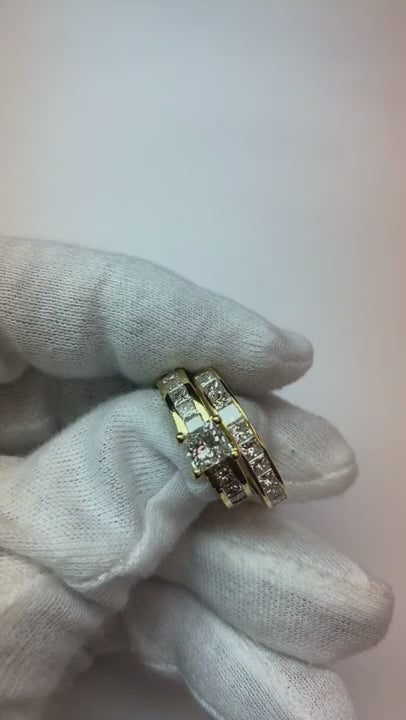 4.50 Carats Natural Earth Mined Diamonds Princess Cut Engagement Ring Set Yellow Gold 14K