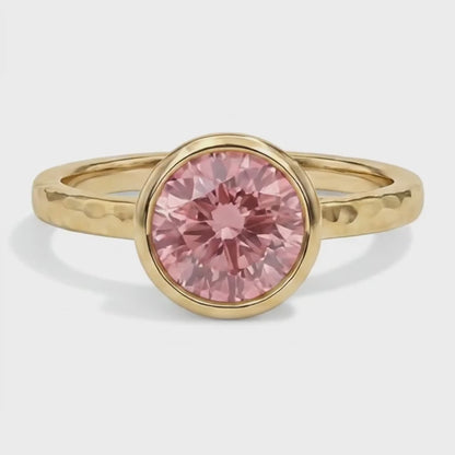 Round Padparadscha Bezel Solitaire Ring Natural 14K Yellow Gold