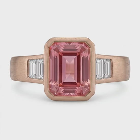 Emerald Padparadscha Bezel Three Stone Ring Natural 14K Rose Gold