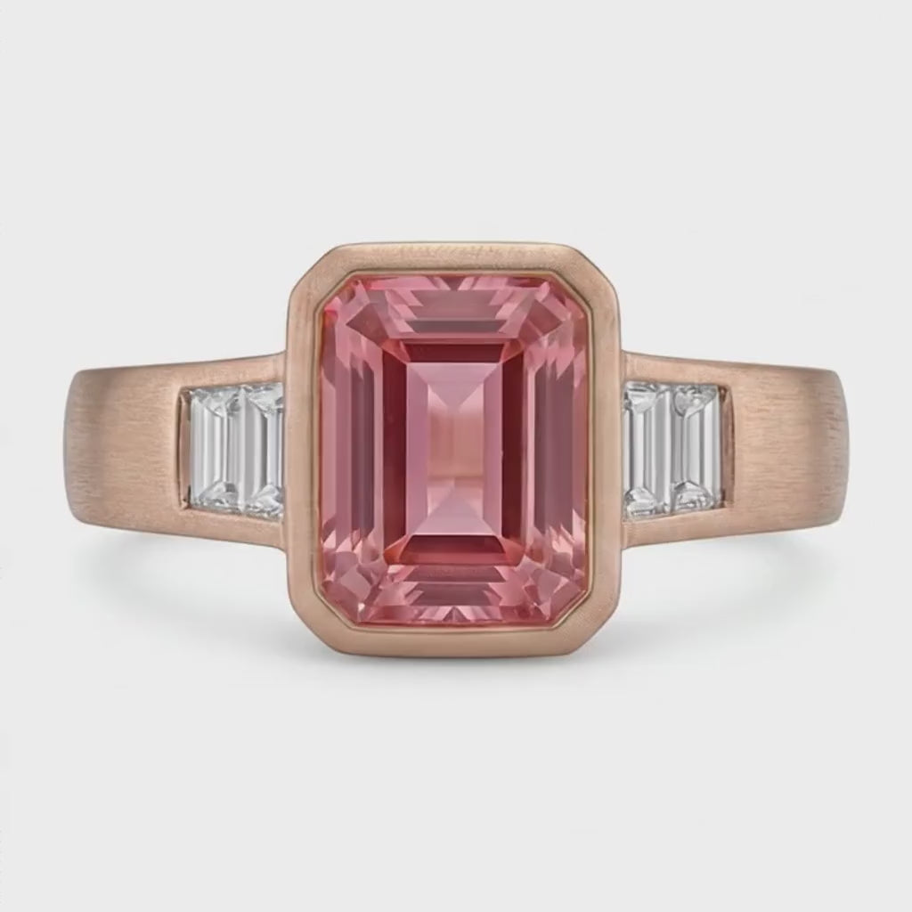Emerald Padparadscha Bezel Three Stone Ring Natural 14K Rose Gold