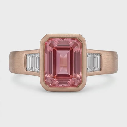 Emerald Padparadscha Bezel Three Stone Ring Natural 14K Rose Gold
