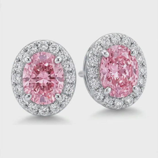 2.5 Carat Oval Pink Lab Grown Diamond and White Diamond Halo Earrings 14K White Gold