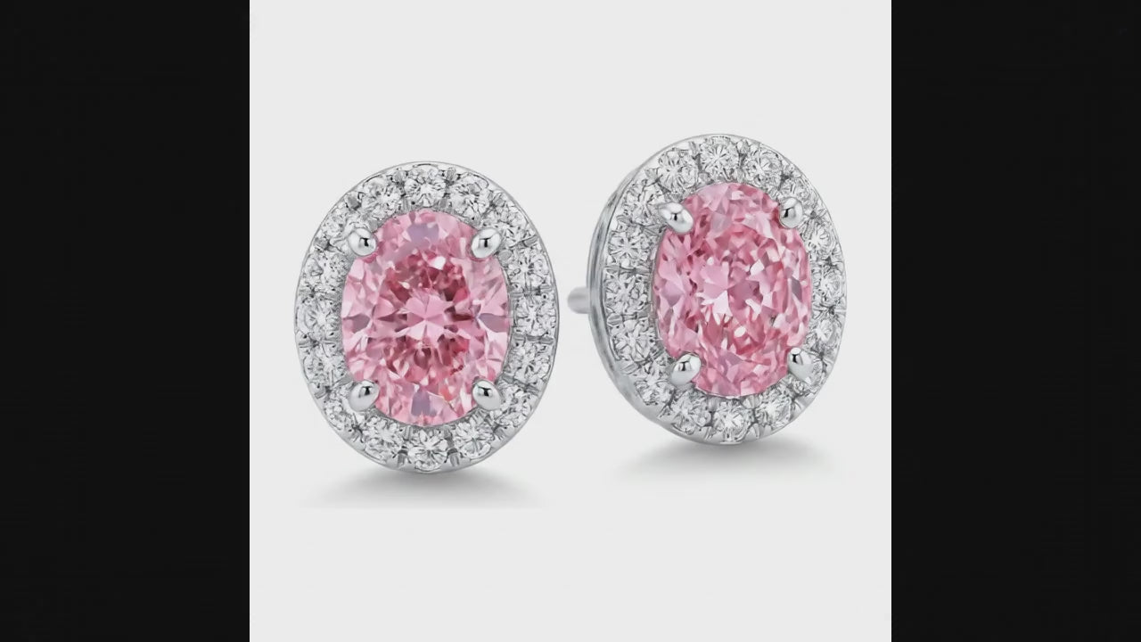 2.5 Carat Oval Pink Lab Grown Diamond and White Diamond Halo Earrings 14K White Gold