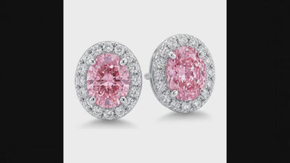 2.5 Carat Oval Pink Lab Grown Diamond and White Diamond Halo Earrings 14K White Gold