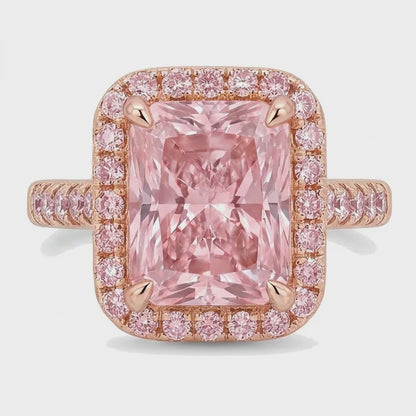 Pink Diamond Ring 6 Carat Lab Grown Radiant Halo Pave 14K Rose Gold