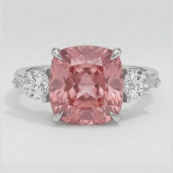 Cushion Padparadscha and White Pear Three Stone Ring Natural Platinum