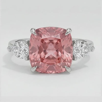Cushion Padparadscha and White Pear Three Stone Ring Natural Platinum