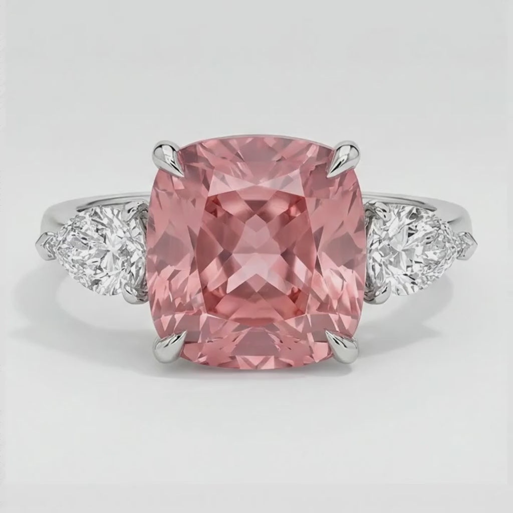 Cushion Padparadscha and White Pear Three Stone Ring Natural Platinum