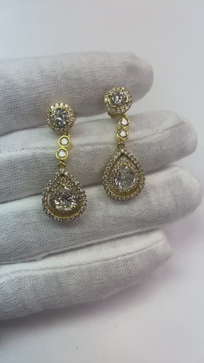 Chandelier Pear Cut Real Natural Earth Mined Diamonds 6 Carat Yellow Gold Earring