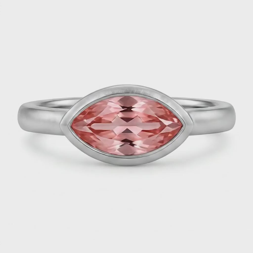 Marquise Lab Grown Padparadscha Bezel Solitaire Ring 14K White Gold