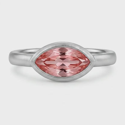 Marquise Lab Grown Padparadscha Bezel Solitaire Ring 14K White Gold