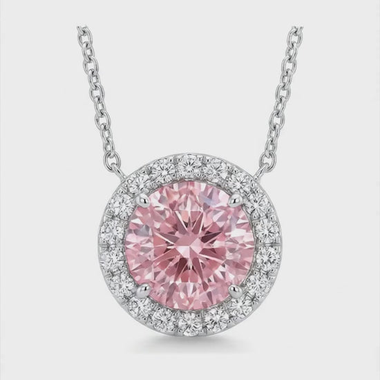 2.5 Carat Round Pink Lab Grown Diamond and White Diamond Halo Pendant 14K White Gold