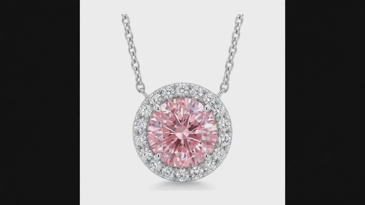 2.5 Carat Round Pink Lab Grown Diamond and White Diamond Halo Pendant 14K White Gold