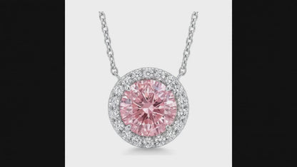 2.5 Carat Round Pink Lab Grown Diamond and White Diamond Halo Pendant 14K White Gold