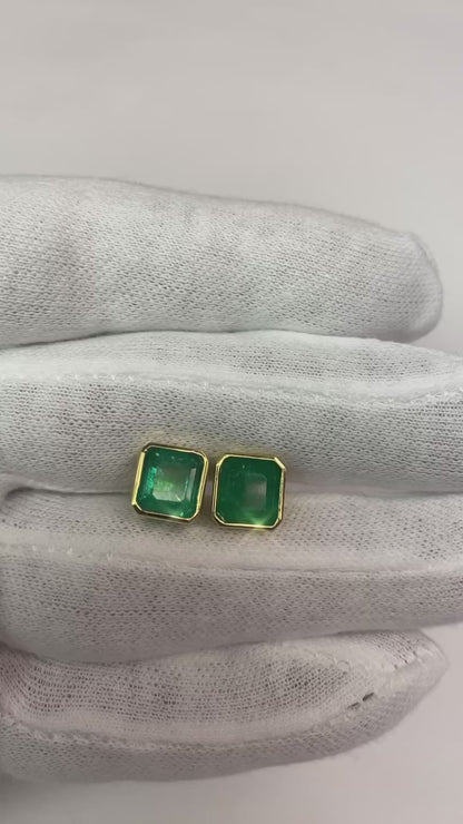 Bezel Set 10 Ct Asscher Cut Green Emerald Studs Earrings Yellow Gold 14K