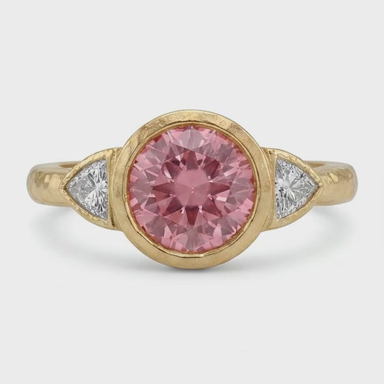 Round Padparadscha Bezel Three Stone Ring Natural 14K Yellow Gold