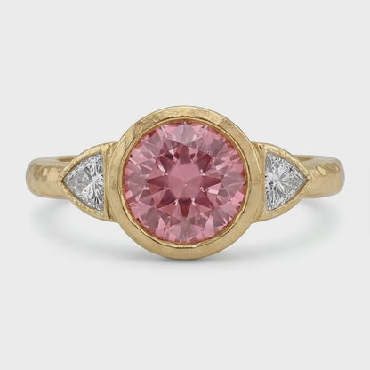 Round Padparadscha Bezel Three Stone Ring Natural 14K Yellow Gold