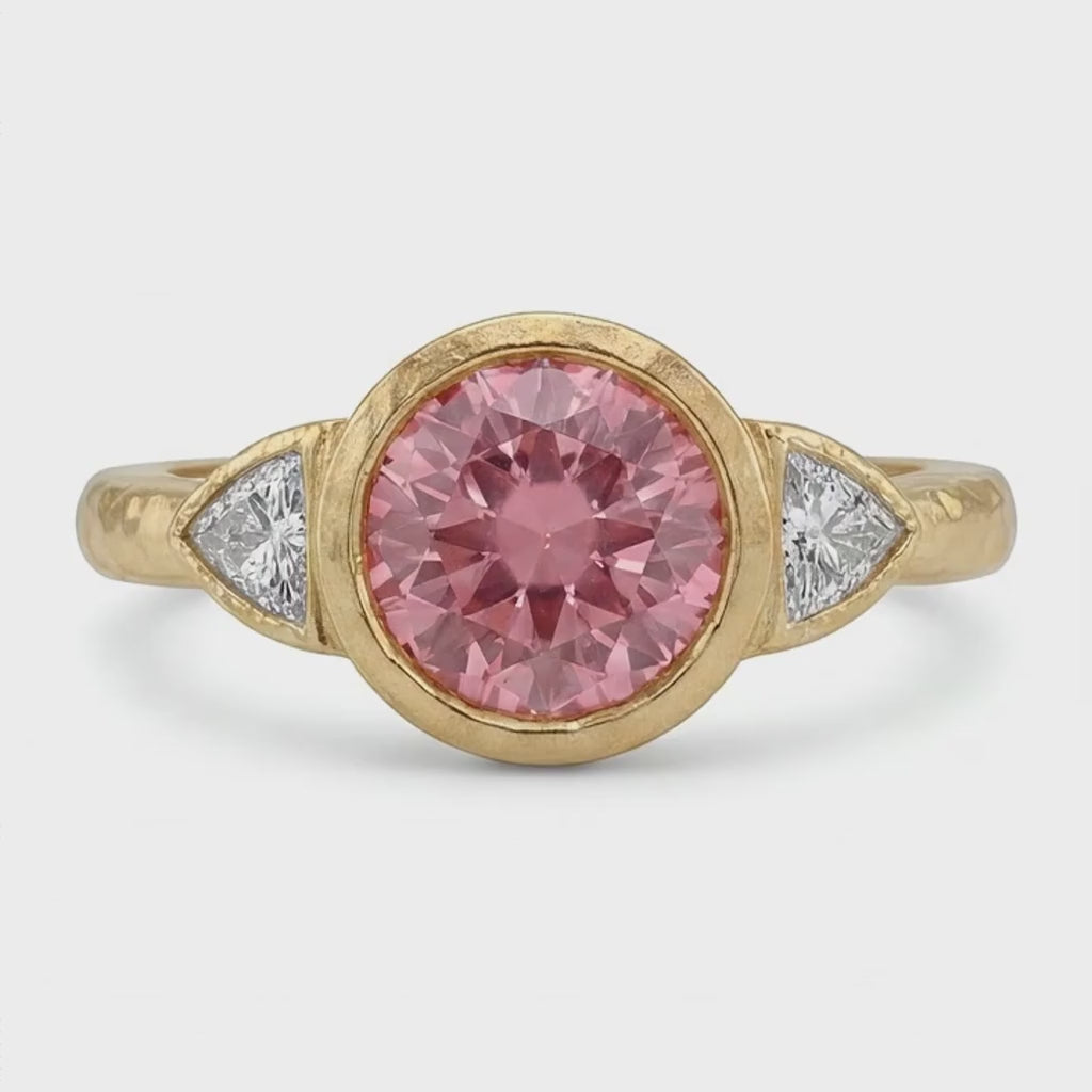 Round Padparadscha Bezel Three Stone Ring Natural 14K Yellow Gold