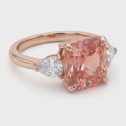 Cushion Padparadscha and White Diamond Three Stone Ring Natural 14K Rose Gold