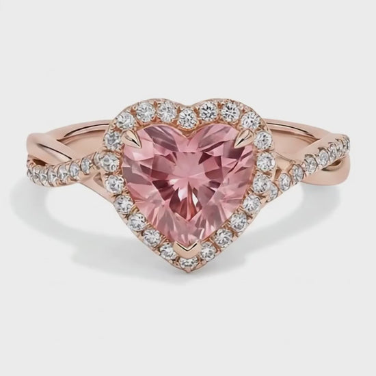 Heart Lab Grown Padparadscha and Lab Grown Diamond Halo Ring 14K Rose Gold