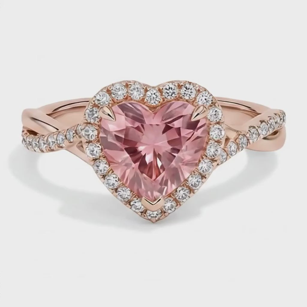 Heart Lab Grown Padparadscha and Lab Grown Diamond Halo Ring 14K Rose Gold