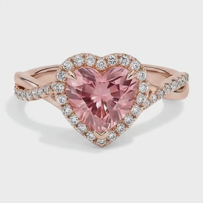 Heart Lab Grown Padparadscha and Lab Grown Diamond Halo Ring 14K Rose Gold