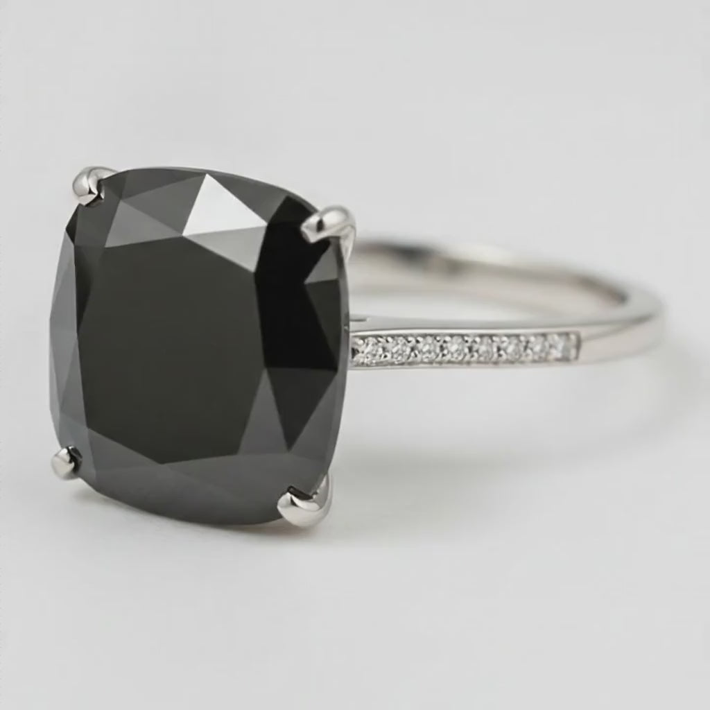 3 Carat Cushion Black Diamond Solitaire Ring Natural 14K White Gold