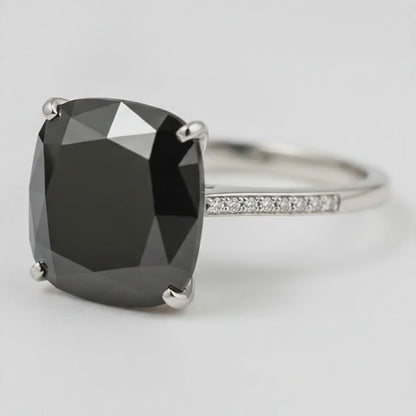3 Carat Cushion Black Diamond Solitaire Ring Natural 14K White Gold