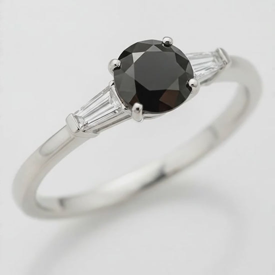 Round Black Diamond and White Baguette Three Stone Ring Natural 14K White Gold