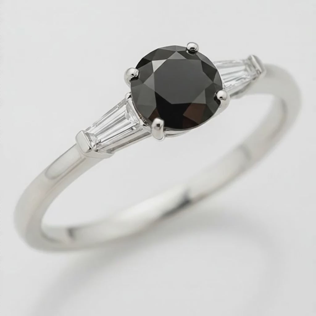 Round Black Diamond and White Baguette Three Stone Ring Natural 14K White Gold