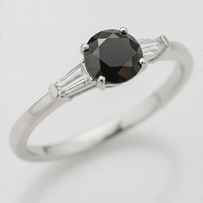 Round Black Diamond and White Baguette Three Stone Ring Natural 14K White Gold