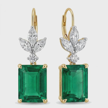 Green Emerald Earrings 4 Carat Lab Grown Emerald Cut Marquise Leaves Leverback 14K Yellow Gold