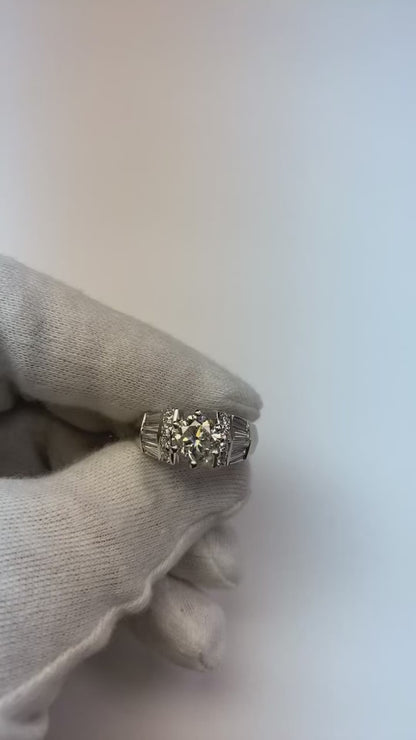 3.26 Carats Natural Earth Mined Diamond Round & Baguette Engagement Ring White Gold 14K