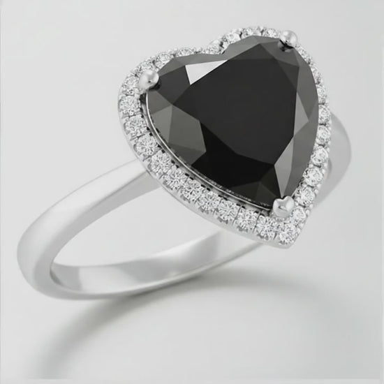 8 Carat Heart Black Diamond and White Diamond Halo Ring Natural 14K White Gold