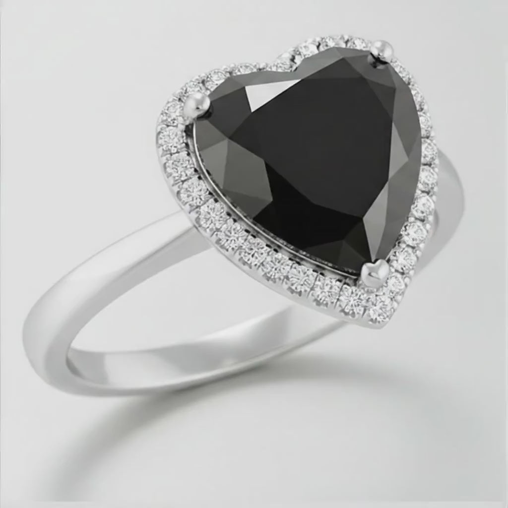 8 Carat Heart Black Diamond and White Diamond Halo Ring Natural 14K White Gold
