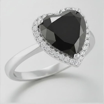 8 Carat Heart Black Diamond and White Diamond Halo Ring Natural 14K White Gold