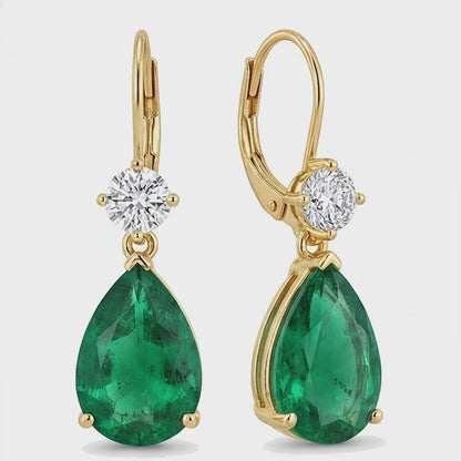 Green Emerald Earrings 4.5 Carat Lab Grown Pear Round Tops Leverback 14K Yellow Gold