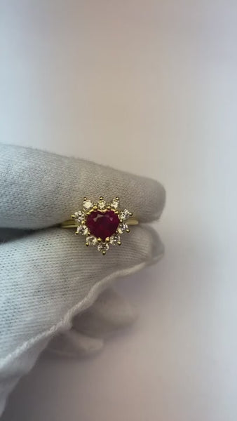 2.25 Carats Heart Cut Ruby And Diamond Ring Yellow Gold 14K