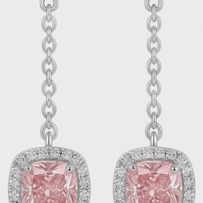Pink Diamond Drop Earrings 3 Carat Lab Grown Cushion Halo Dangle 14K White Gold
