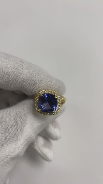 Cushion Tanzanite Halo Gemstone Ring 6.50 Carats Split Shank