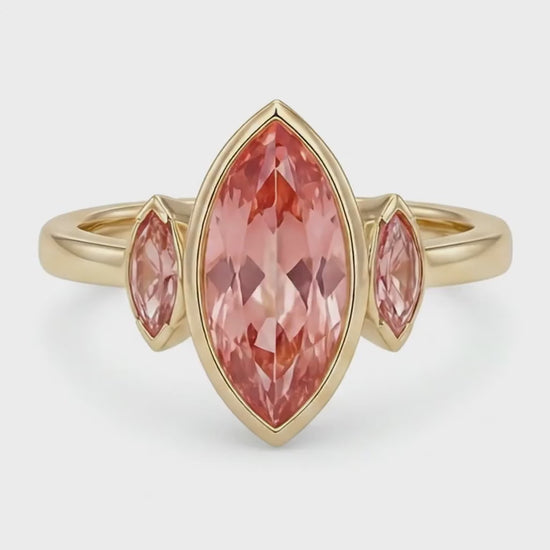 Marquise Padparadscha Bezel Three Stone Ring Natural 14K Yellow Gold
