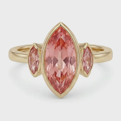 Marquise Padparadscha Bezel Three Stone Ring Natural 14K Yellow Gold