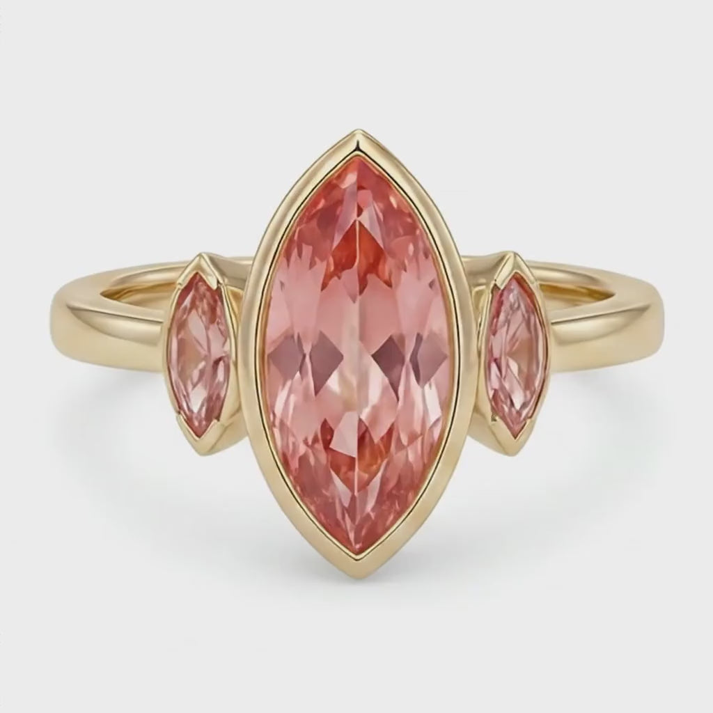 Marquise Padparadscha Bezel Three Stone Ring Natural 14K Yellow Gold