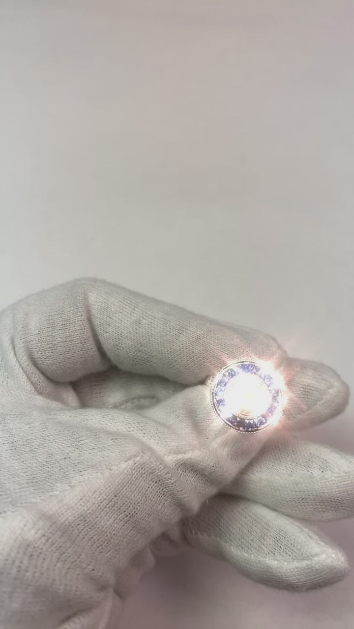 Halo Ring Old Cut Round Diamond & Baguette Sapphire Bezel Set