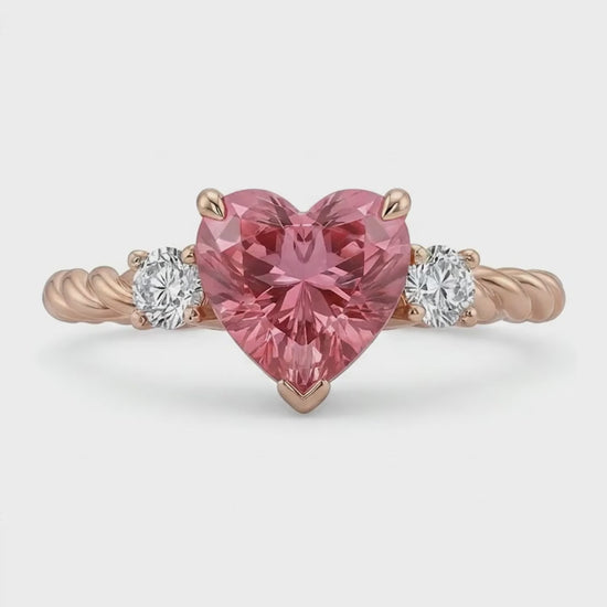 Heart Padparadscha and White Diamond Three Stone Ring Natural 14K Rose Gold