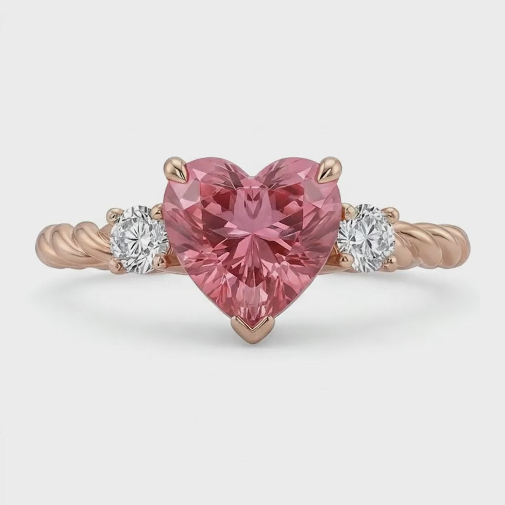 Heart Padparadscha and White Diamond Three Stone Ring Natural 14K Rose Gold
